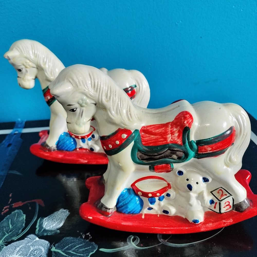 Vintage Christmas rocking horse piggy bank . Set of 2
